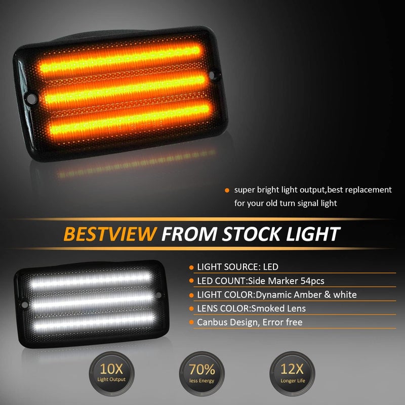Best View LED Sequential Front Turn Signal Light for 1997-2006 Jeep Wrangler TJ: Side Marker Light Assembly with Amber/White DRL, Smoked Lens, Dynamic Turn Signal Lamps Assembly, Pack of 2 - Image 3